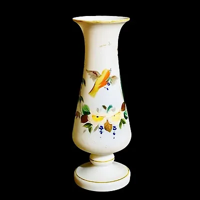 Antique Victorian Bristol Glass Hand Blown Enameled Glass Vase Birds & Vine 8.8” • $21.15