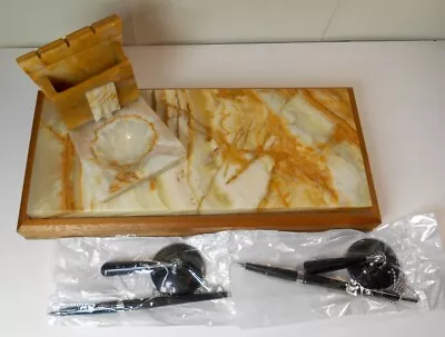 Vintage Brown Onyx Desk Set & Ashtray 2 New Pen Holders 5 Lb Onyx Slab Framed • $93.50