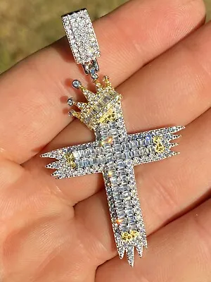 Solid 925 Sterling Silver Large Men’s Cross W. Crown Pendant Baguette Diamond • $65.06