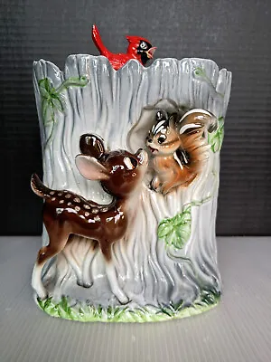 Mid Century Ceramic Cookie Jar Tree Trunk W/ 3D Deer Squirrel And Cardinal  • $75