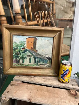 VEEDERSBURG Indiana Art Artist Oil Painting TRAIN DEPOT STATION GRAIN MILL 1946 • £58.27