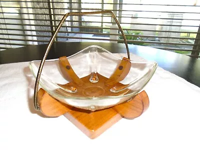 Vintage Mid Century Serving Glass Bowl Wood Walnut Danish Style Handle Tear Drop • $100