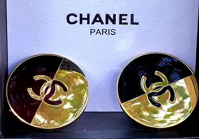 Rare Vtg Auth Chanel France Huge Cc Logo Gold Black Disk Clip Earrings Signed • $0.99