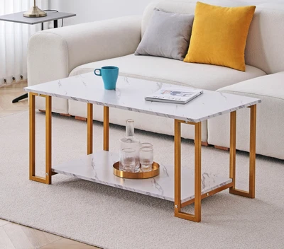 £69.99 • Buy Coffee Table With Marble Effect Top And Golden Metal Legs Living Room Furniture