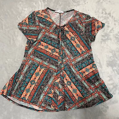 C'est La Vie Shirt Womens Medium M Orange Blue Tunic Bohemian Flowing Spandex  • $14.89