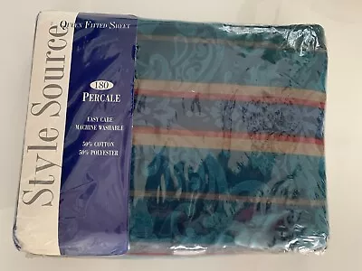 New Vintage Springmaid Queen Fitted Sheet Damask Stripe Teal Made In USA • $28