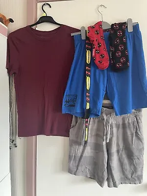 Mens Teens Size Small Camo Marvel Shorts River Island T Shirt Deadpool Belt Sock • £8