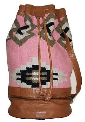 ECOTE Pink & Taupe Woven Cotton & Cider Tan Leather 19 X 10 Duffle Shoulder Bag • $39.99