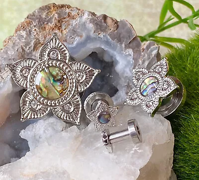 PAIR Abalone Centered Tribal Flower Screw Fit Tunnels Plugs Earlets Gauges • $15.95