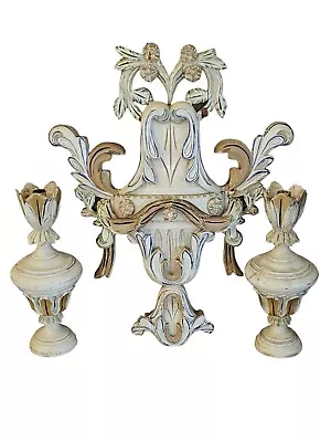 Vtg 1950s Italian Chippy Wood Painted Neo-Classical Ornate Wall Candle Holders • £265.41