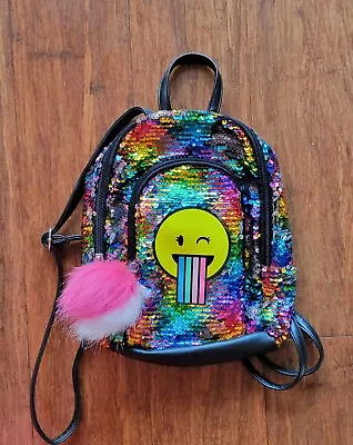 Justice Mini Backpack Flip Sequins Smiley Face Emoji Rainbow Sparkley • $15