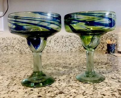 Hand Blown Mexican Margarita Glasses Set Of 2 Cobalt Blue & Green Swirls 6.75” H • $20