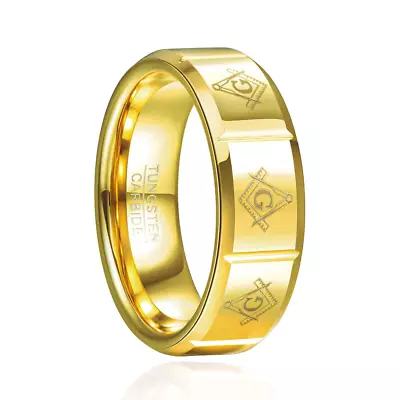 8MM Electric Gold Laser Masonic Sign Tungsten Carbide Ring Men's Women's Ring • $28.99