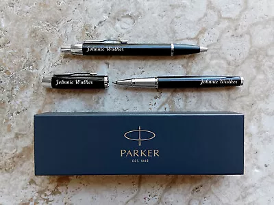 Custom Engraved Pens Gift Set Black W Chrome Trim Parker IM Ballpoint Rollerball • $99.99