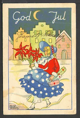 Swedish Mini Postcard Signed Margit Ekstam Woman W/presents & Poinsettias – G/V • $9.99