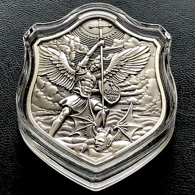 2 Oz 999 Silver ST MICHAEL Shield Antiqued Concave JesusChrist God Angel Capsule • $136.99