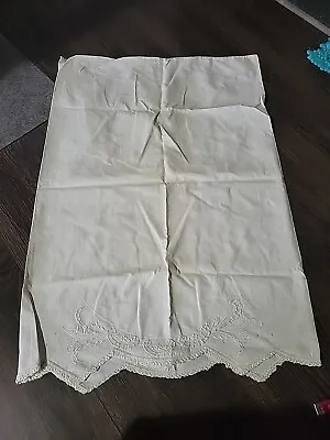 Pillowcase Standard Ivory Linen Floral Needlework Crocheted Scalloped Edging Vtg • $39.23