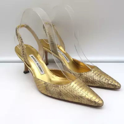 Manolo Blahnik Carolyne Slingback Pumps Gold Snakeskin Size 37 Pointed Toe Heels • $275