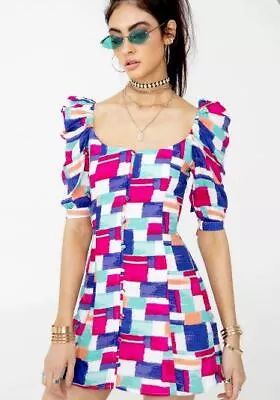 New Vanessa Mooney Cherry Mini Dress Womens XS Puff Sleeves Button Front • $120