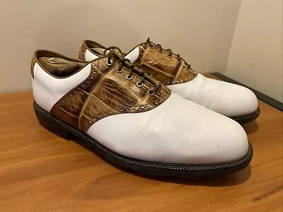 Footjoy Icon Golfing Shoes Tan Crocodile Pattern White Cleats Size 12W Men 52013 • $70.99