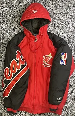 VINTAGE 90’s Miami Heat Logo Athletic Jacket Mens Medium Hooded Puffer Coat RARE • $224.75