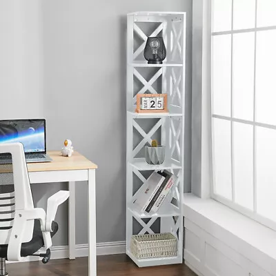 6 Tier Tall Shelving Unit Corner Storage Display Bookcase Bookshelf Wooden Stand • £55.95