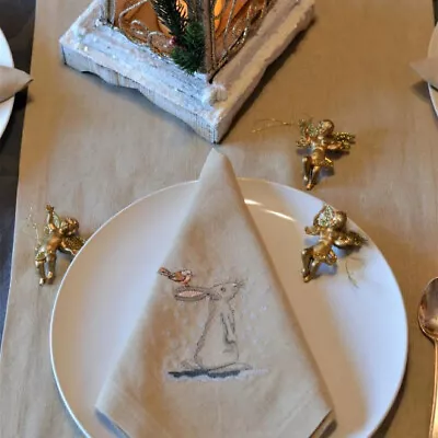 £14 • Buy Linen Christmas Napkins With The Cute Little Rabbit Machine Embroidery Desighn