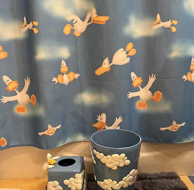 Duck Bath Set Ceramic Trash Can Tissue Box Cover Shower Curtain “Sitting Ducks • $30