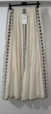 Zara Ecru Floral Embroidered Long Flowing Cotton Skirt With Lining Size Xs-s New • £39.99