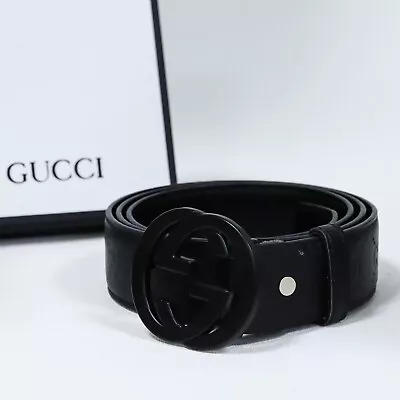 Gucci Black Imprime Monogram Belt Black GG Bucke Sz 36/38 • $98