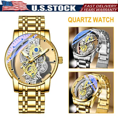 Luxury Men's Stainless Steel Automatic Mechanical Wrist Watch Gold Tone Skeleton • $15.99