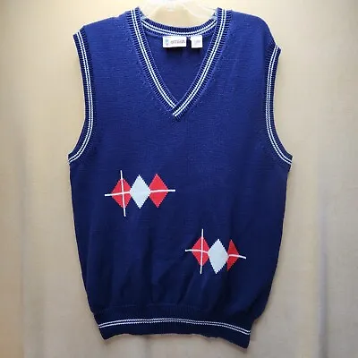 Vintage Antigua 100% Cotton Sweater Vest Men's XL Blue Stripes Semi-Argyle • $12
