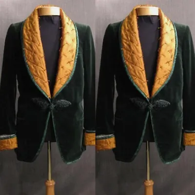 Men's Smoking Jacket Green Casual Sports Velvet Shawl Lapel Prom Party Jacket • $54.89