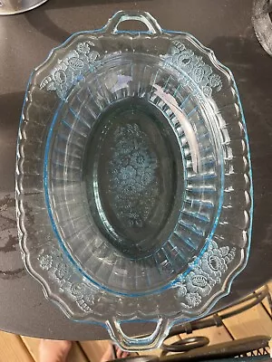 Vintage Anchor Hocking Depression Glass Mayfair Blue  Open Rose Oval Platter 13  • $45