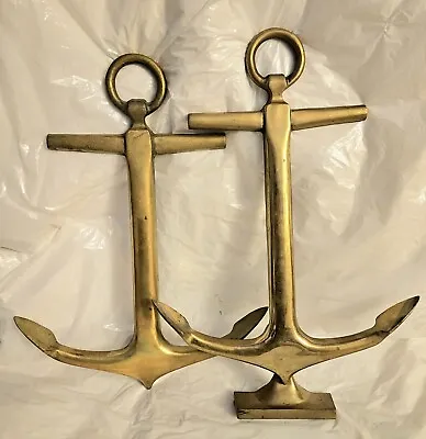 Pair Of Brass Anchor Andirons Mid Century Modern Fireplace Tools • $757.95