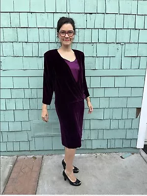 Vintage Silk Velvet Dress 80s Elegant Designer Evening Gown Size 8 Purple Retro • $24