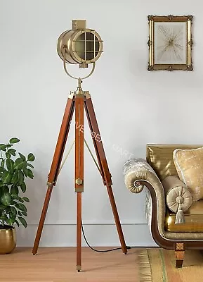 Antique Brass Floor Lamp Wood Tripod & Moveable Spotlight E27 Bulb Holder Lamp • $125