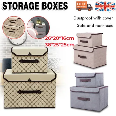 £7.49 • Buy 2X Foldable Canvas Storage Box Fabric Folding Clothes Square Basket With Lid UK