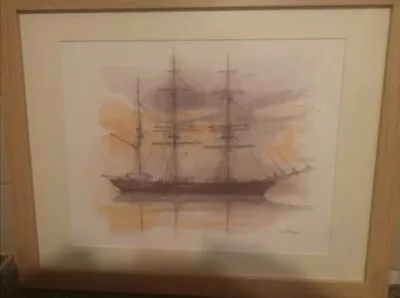 £60 • Buy Vintage Framed Signed Print Of A Ship By Danish Artist Mads Stage
