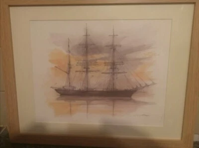 £60 • Buy Vintage Framed Signed Print Of A Ship By Danish Artist Mads Stage