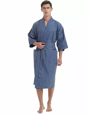 Mens Woven Dobby Cotton Kimono Collar Bathrobe LightWeight Pyjama Sleepwear • $32.99