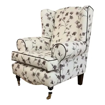 Queen Anne Wing Back Arm Chair In Purple/Grey/Cream Flower Print Design  • £479