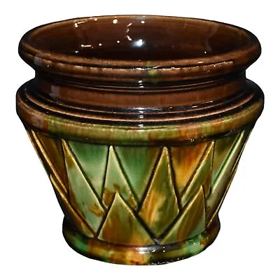 McCoy 1930s Vintage Pottery Brown Green Geometric Sunburst Jardiniere Planter • $198.45