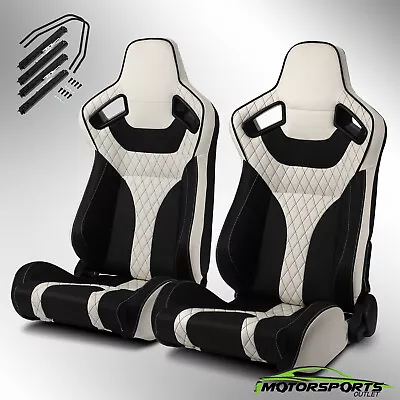 2x Universal Main Black + White Side PVC Leather Reclinable Sport Racing Seats • $316.98