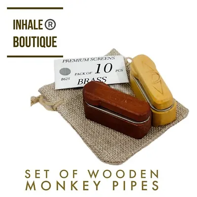 Set Of Wooden Smoking Monkey Pipes In Burlap Bag (+ 10 BRASS Screens) • $19.99