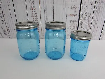 Lot Of 3 Ball Blue Wide Mouth Canning Jars 12oz (2)/6oz (1) With New Lids • $40