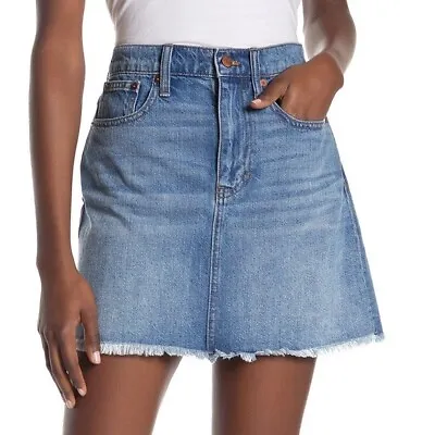Madewell McCarren Denim Mini Skirt Rigid A-Line Medium Wash Raw Hem Size 24 • $22.40