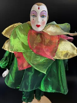 Vtg Silvestri Pierrot Jester Harlequin Mardi Gras Porcelain Doll  17” Green Red • $27