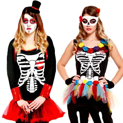 Day Of The Dead Ladies Fancy Dress Mexican Sugar Skull Adults Halloween Costumes • £18.99