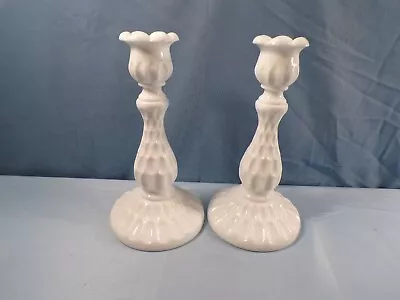 Pair Of Fenton Milk Glass Thumbprint Large Candle Holders Candlesticks 8 3/4  #2 • $24.99